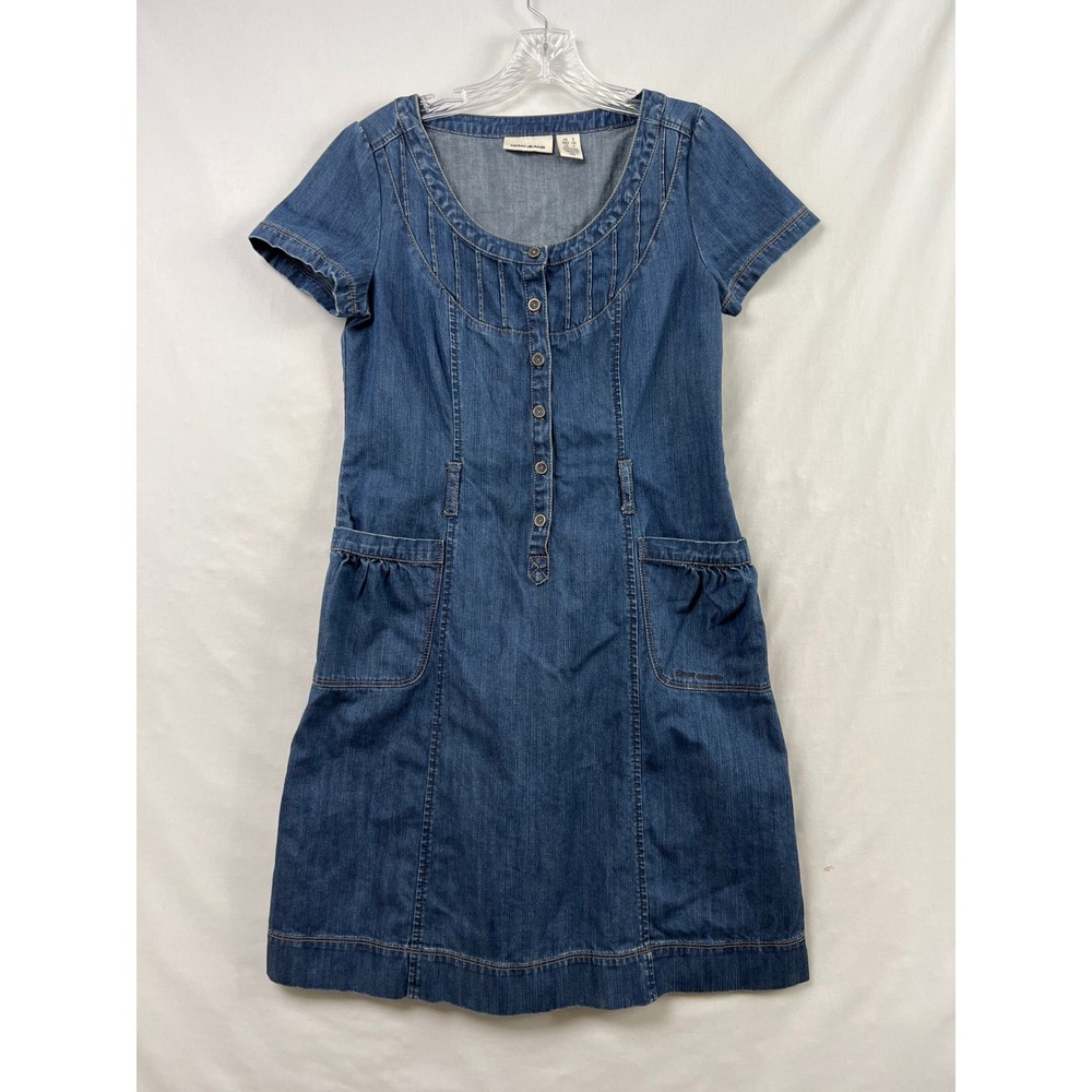 DKNY Jeans Denim Dress Women S Blue Short Sleeve Button Front Pleated Scoop Neck